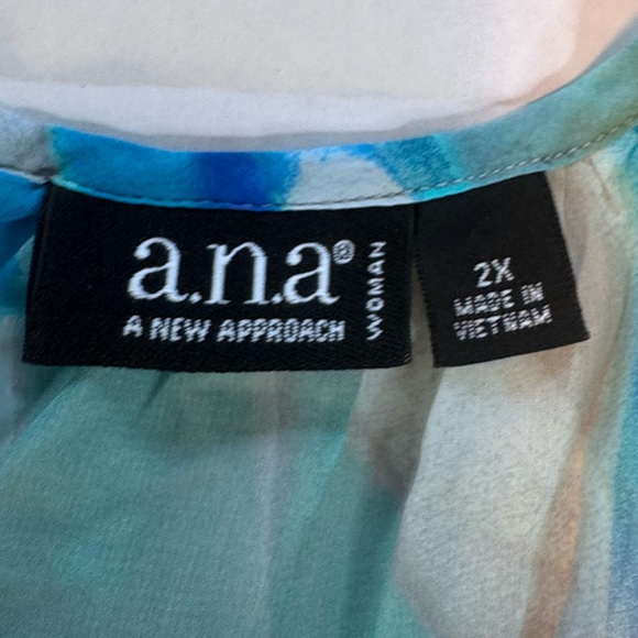 ANA A New Approach Sheer Abstract Blue Peasant Blouse 2X Tie Neck - Picture 9 of 10